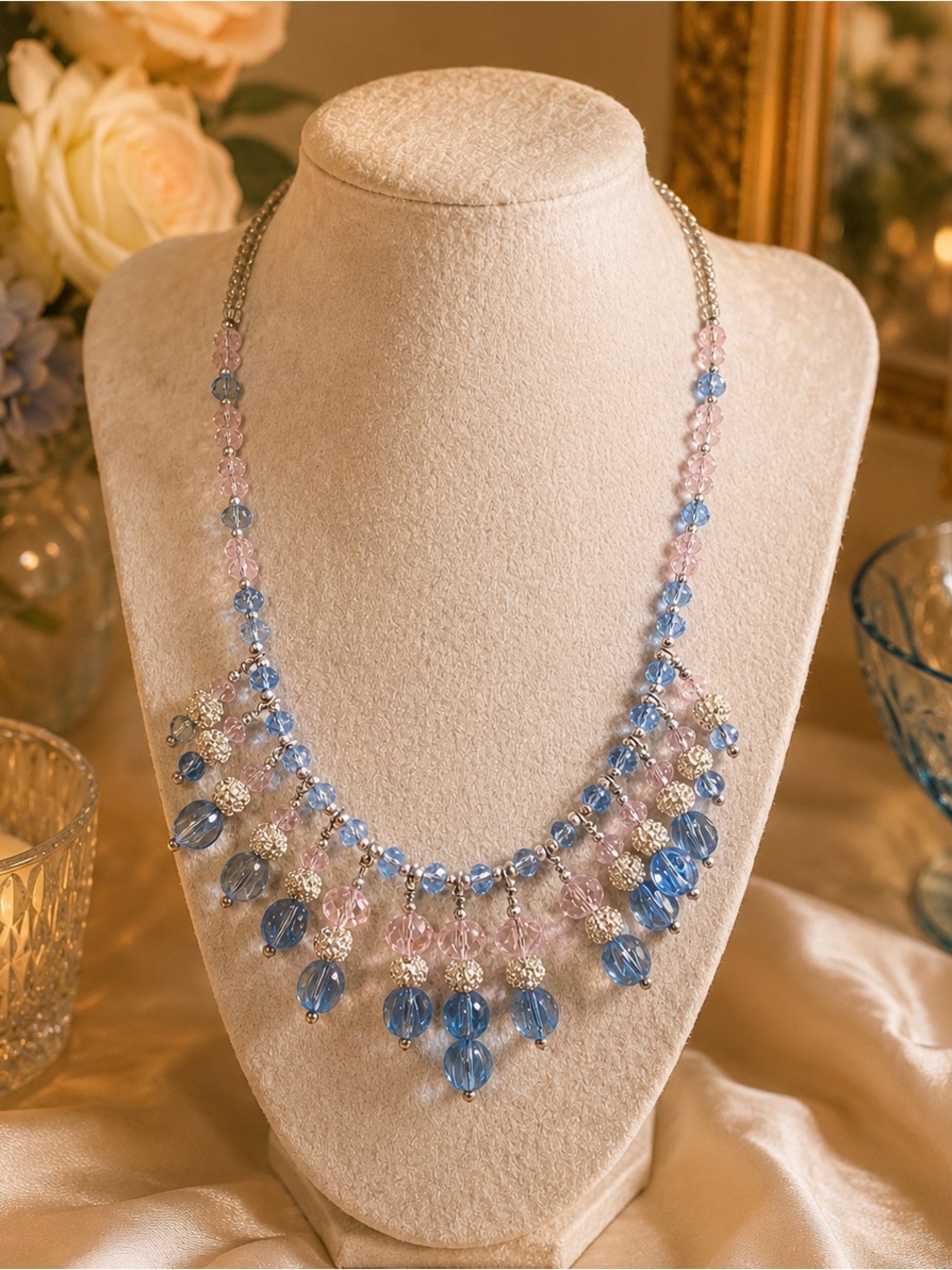 Artisan Made Blue and Pink Glass Bead Fringe Bib Necklace Silver Tone 16”